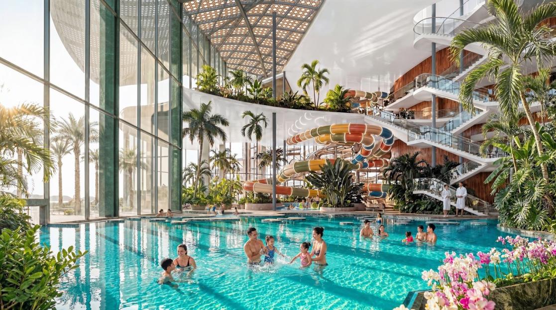 Illustration of people enjoying a large indoor waterpark with palm trees, water slides, and multiple swimming pools.