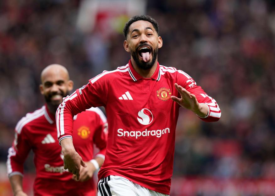Manchester, England, 17th May 2026. Matheus Cunha of Manchester United celebrates scoring their second goal during the Manchester United vs Nottingham Forest Premier League match at Old Trafford, Manchester. Picture credit should read: Andrew Yates