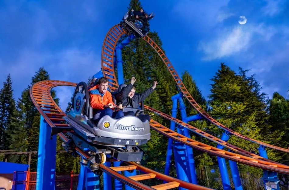 Thrill-seekers on a rollercoaster ride during Scarefest at Alton Towers.
