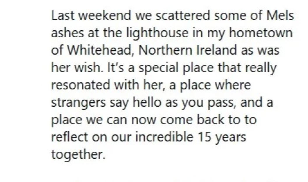 Text describing Mel Schilling's ashes being scattered in Whitehead, Northern Ireland, and a planned return to Bali.