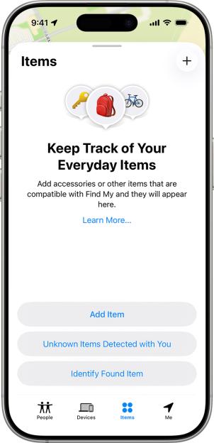 Illustration of an iPhone showing the "Items" screen of the Find My app, with options to track everyday items like keys, a backpack, and a bicycle.