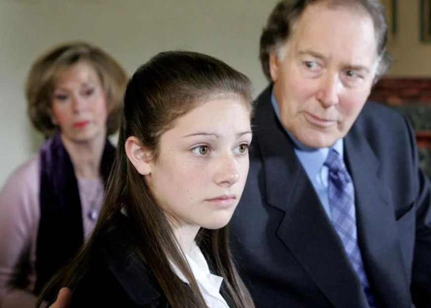 Victoria Sugden (Isabel Hodgins), Jack Sugden (Clive Hornby) and Diane Sugden (Liz Estensen) in 'Emmerdale'.