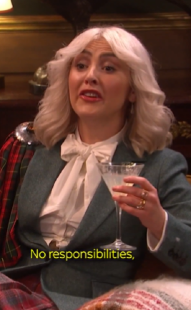 A woman with white hair and a white bow-tie blouse holding a martini glass, with text "No responsibilities,"