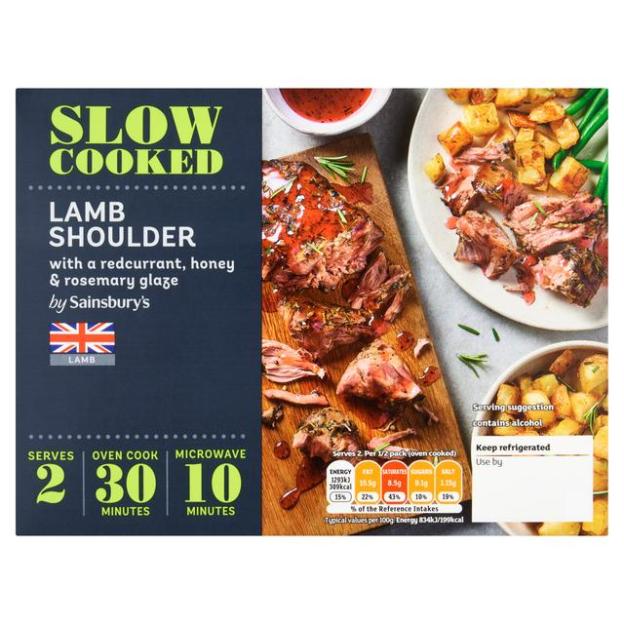 Sainsbury's Slow Cooked Lamb Shoulder with a Redcurrant Honey & Rosemary Glaze product packaging.