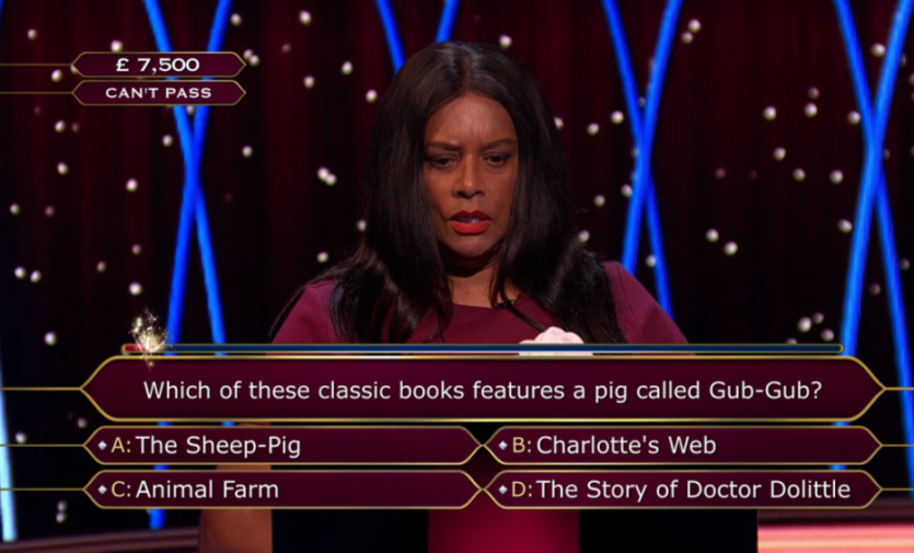 A contestant on a game show looks worried as she considers a question about which classic book features a pig named Gub-Gub.