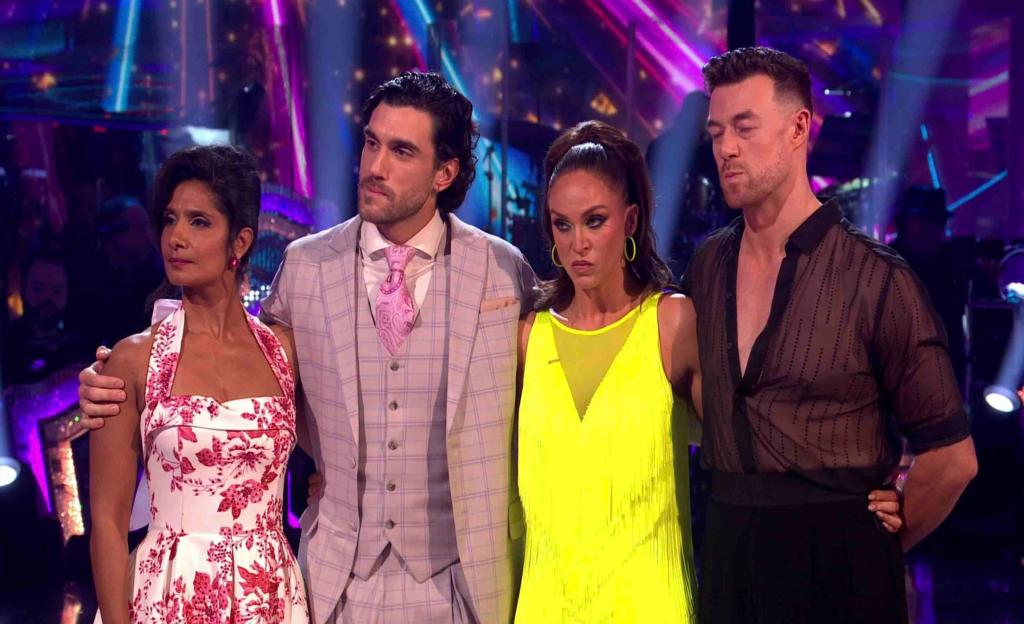 Four contestants from Strictly Come Dancing stand on stage.