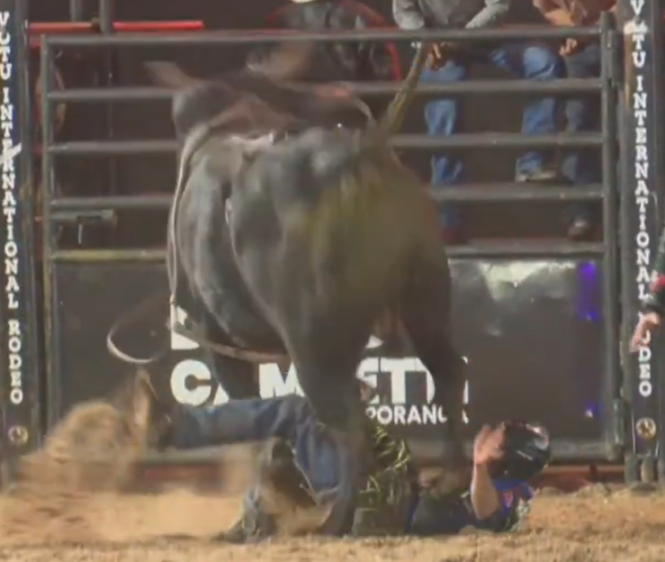 A bull rider has fallen to the ground and is under the bull during a rodeo.