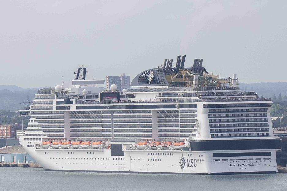 The MSC Virtuosa cruise ship is moored at Southampton Docks.