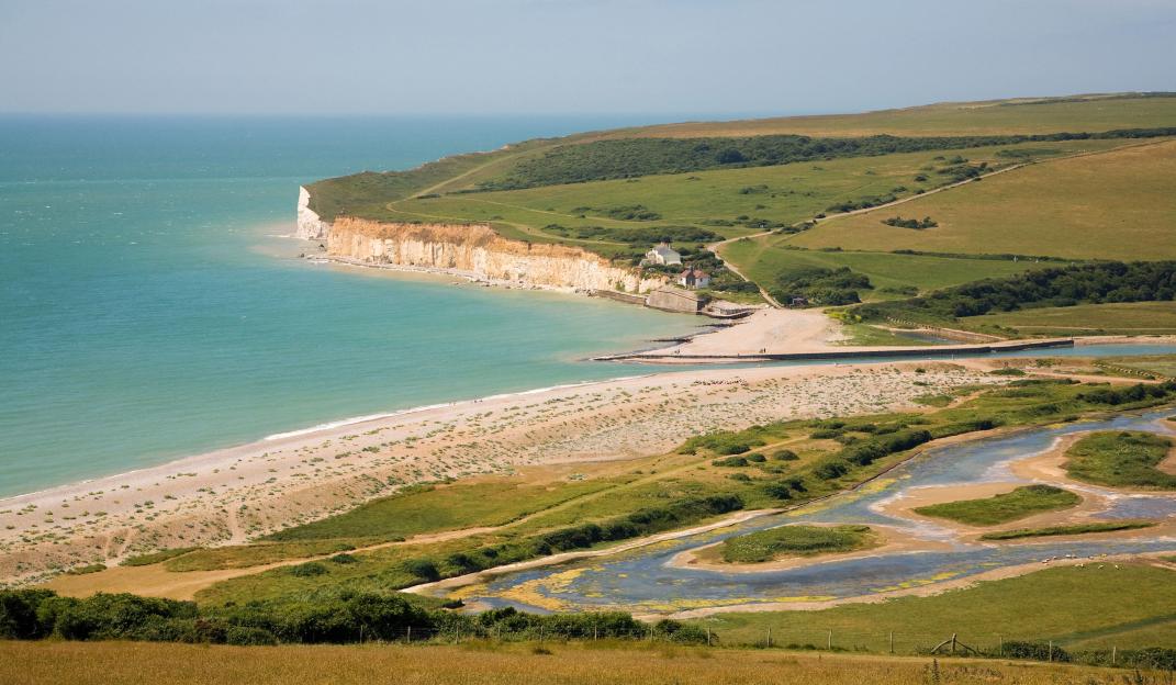 Cuckmere Haven and Seaford Head in East Sussex looking across the Cuckmere river estuary