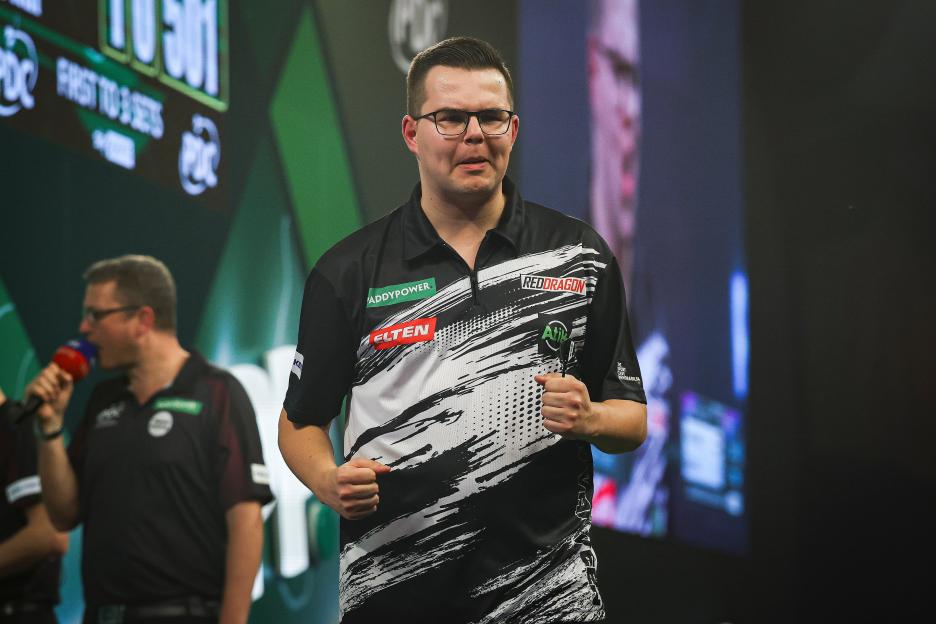 Gian Van Veen celebrating his victory in his Round Two match against Alan Soutar at the 2025 PDC Paddy Power World Darts Championship.
