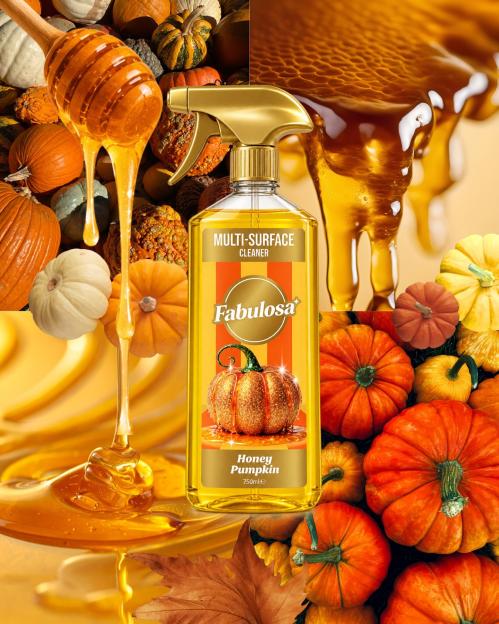 Fabulosa Honey Pumpkin multi-surface cleaner bottle surrounded by pumpkins and dripping honey.