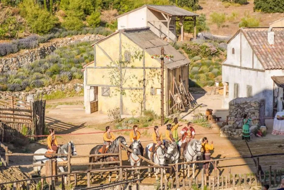 Performers on horseback during the 'El Misterio de Sorbaces' show at Puy Du Fou España theme park in Toledo, Spain.