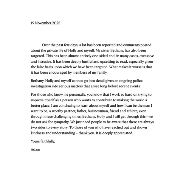 Letter from Adam addressing reports and comments about his, Holly's, and Bethany's private lives.