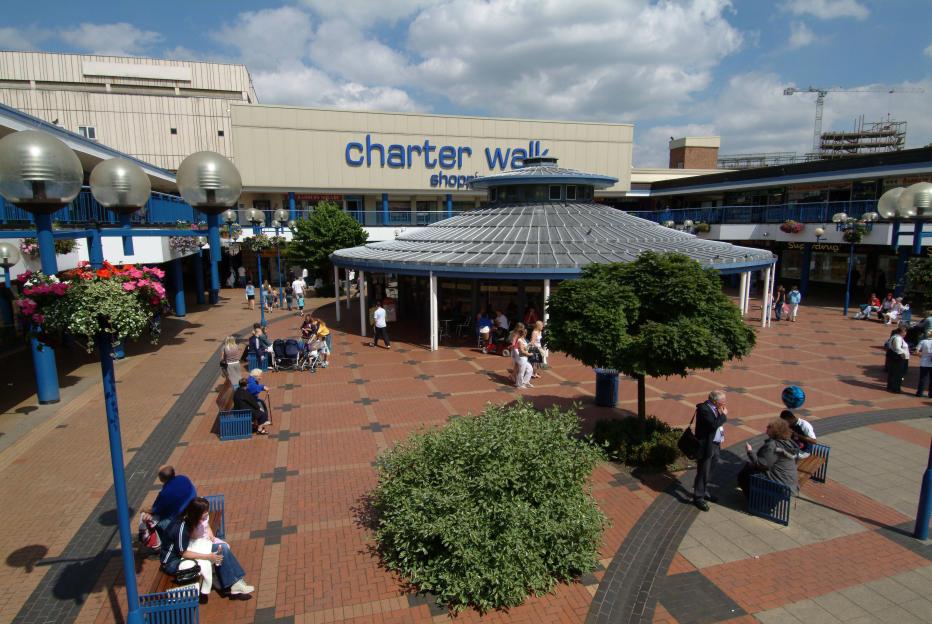 An aerial view of the Charter Walk shopping center in Burnley, UK.