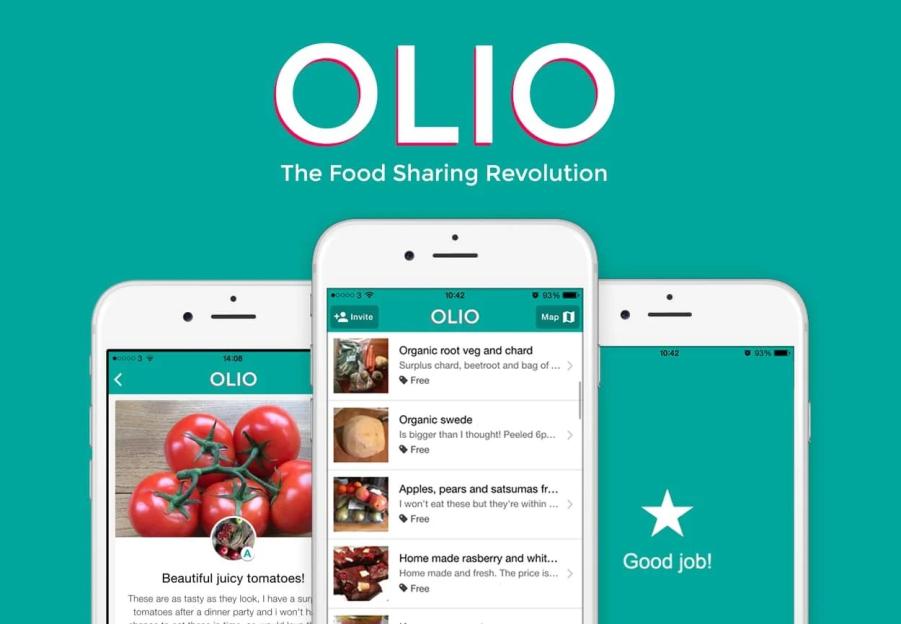 Screenshots of the Olio app for food sharing and reducing waste.