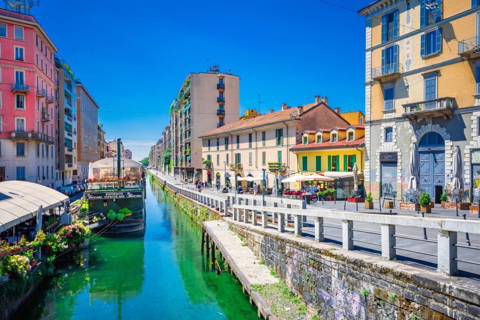 Scenic Naviglio grand canal in Milan, Lombardia, Italy