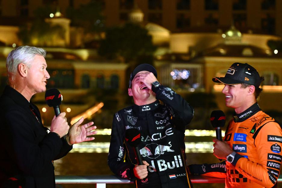 David Coulthard interviews race winner Max Verstappen and second-placed Lando Norris at the F1 Grand Prix of Las Vegas.