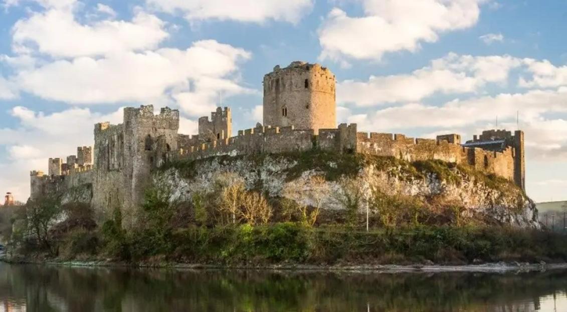 The ancient walls of Chepstow Castle overlooking the River Wye.