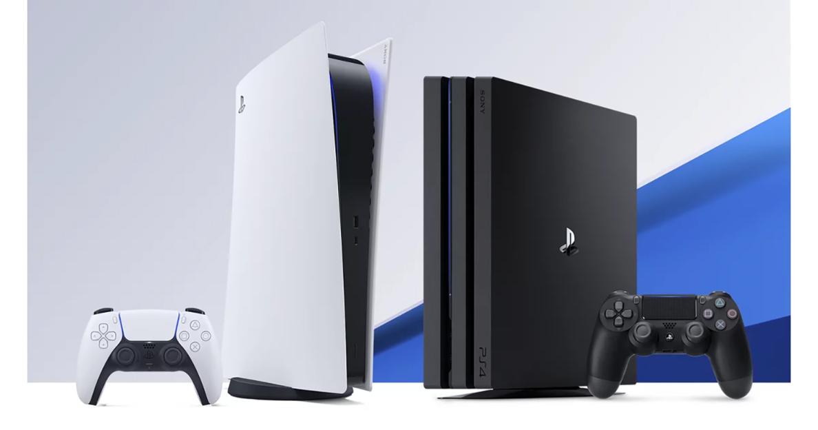 PlayStation 5 console and controller next to a PlayStation 4 console and controller.