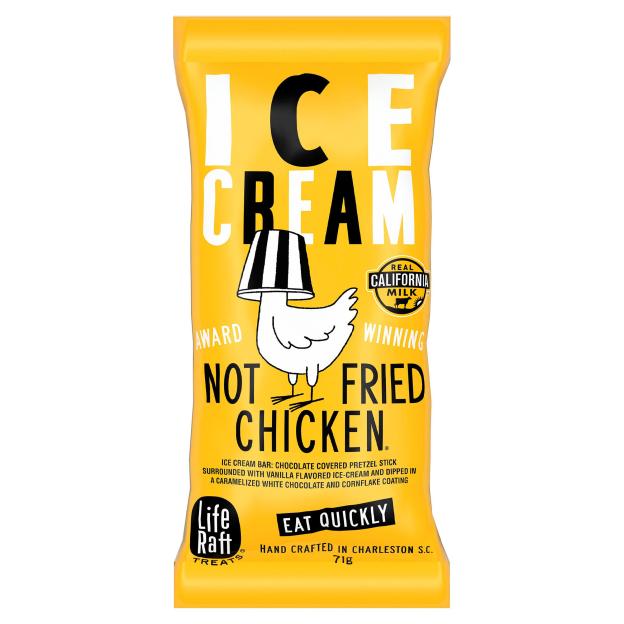 Illustration of an orange package for "Not Fried Chicken Ice Cream" with a cartoon chicken wearing a lampshade.