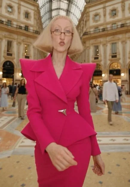 Brigitte Macaron in a bright pink suit with dramatic shoulder pads inside a grand shopping arcade.