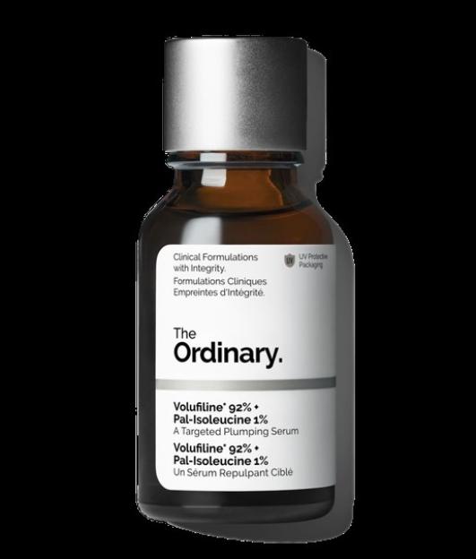 The Ordinary Volufiline 92% + Pal-Isoleucine 1% Targeted Plumping Serum in a brown dropper bottle.