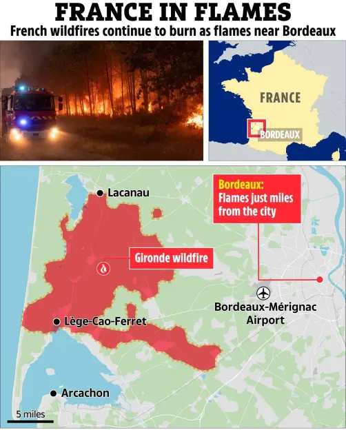 Collage of a fire truck battling a wildfire in a forest, a map of France with Bordeaux highlighted, and a map of the Gironde wildfire near Bordeaux.