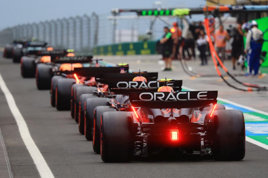 F1 cars lined up on the track at the start of qualifying for the Hungarian Grand Prix.