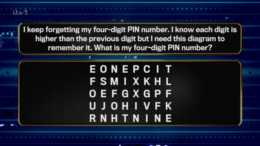 A quiz show question asking for a four-digit PIN from a letter grid, where each digit is greater than the previous one, and the grid contains the words "ONE", "FOUR", and "NINE".