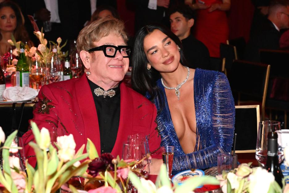 Elton John and Dua Lipa attend the Elton John AIDS Foundation's 34th Annual Academy Awards Viewing Party.