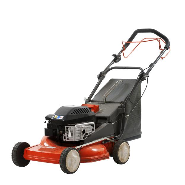 A used, isolated rotary lawn mower, on a white background.