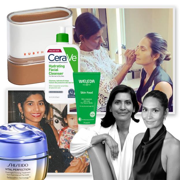 Collage of beauty products and images of women.