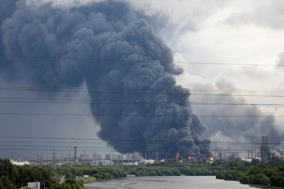 : Thick plumes of smoke with flames rise from an oil refinery following a Ukrainian drone attack in Moscow