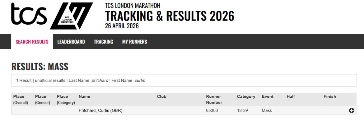 TCS London Marathon tracking results page for "Pritchard, Curtis," showing runner number 65306 in the 18-39 category for the Mass event, with no finish times yet.