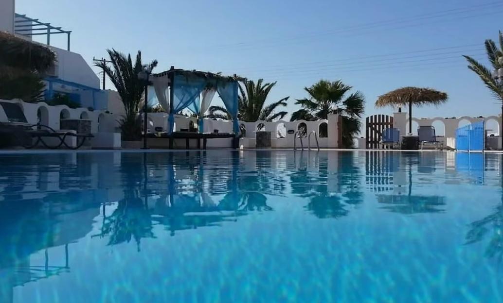A hotel swimming pool with lounge chairs and palm trees.