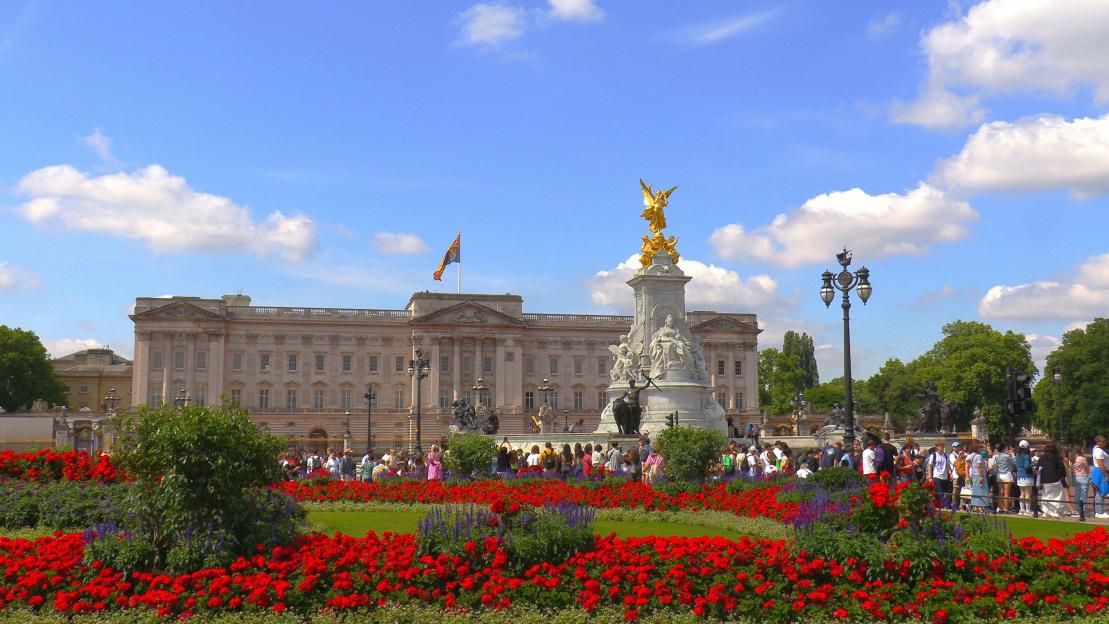 Buckingham Palace, the Queen Victoria Memorial, and surrounding gardens filled with red and purple flowers on a sunny day.