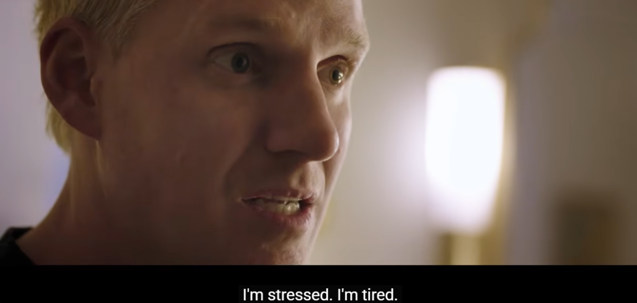 A man says "I'm stressed. I'm tired."