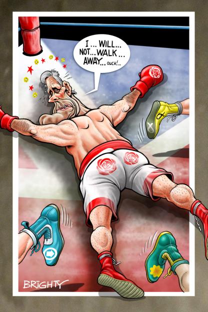 Illustration of an injured boxer resembling Jeremy Corbyn lying on a boxing ring canvas as other boxers kick him.