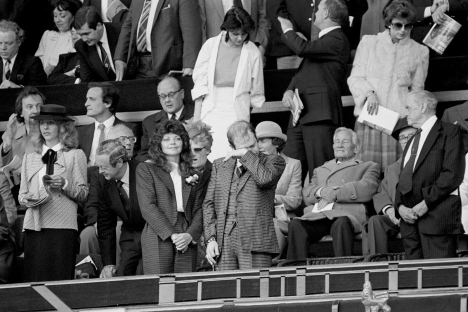 Elton John in an emotional moment during the 1984 FA Cup Final, along with his then-wife Renate Blauel.