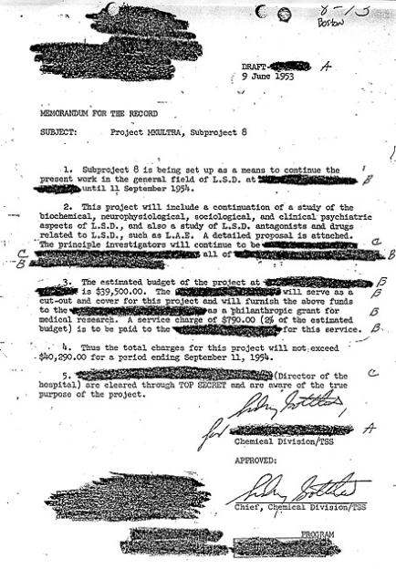 A declassified CIA document titled "Project MKULTRA, Subproject 8" dated June 9, 1953, with significant redactions.