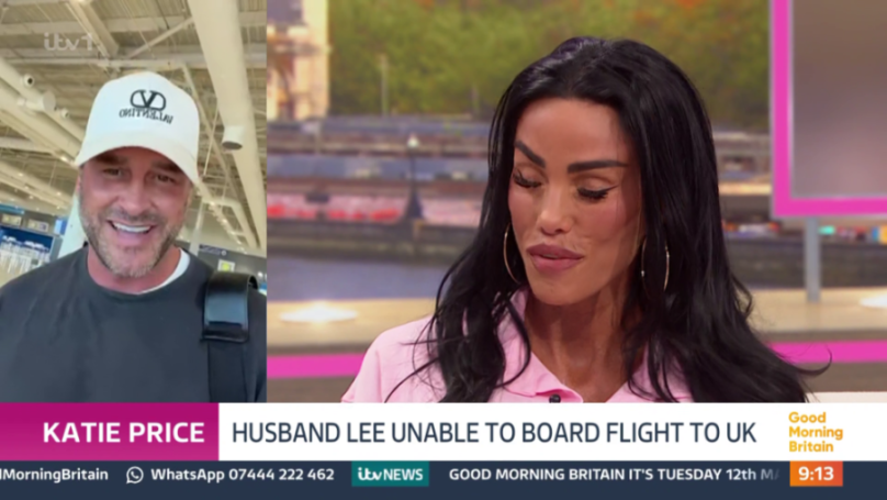 Screenshot of Katie Price on Good Morning Britain discussing her husband Lee being unable to board a flight to the UK.