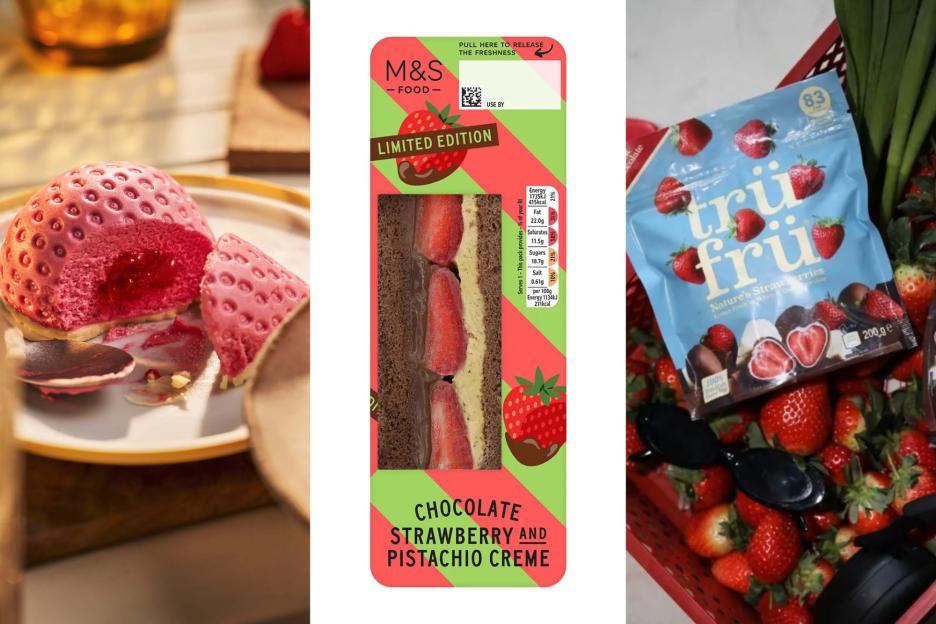 An image collage containing 3 images, Image 1 shows Strawberry-shaped mousse dessert on a plate, with a spoon and another dessert to the right, Image 2 shows M&S Food Limited Edition Chocolate, Strawberry, and Pistachio Creme dessert packaging, Image 3 shows Two bags of Tru Frü Nature's Strawberries and fresh strawberries in a red basket with sunglasses, headphones, and tulips