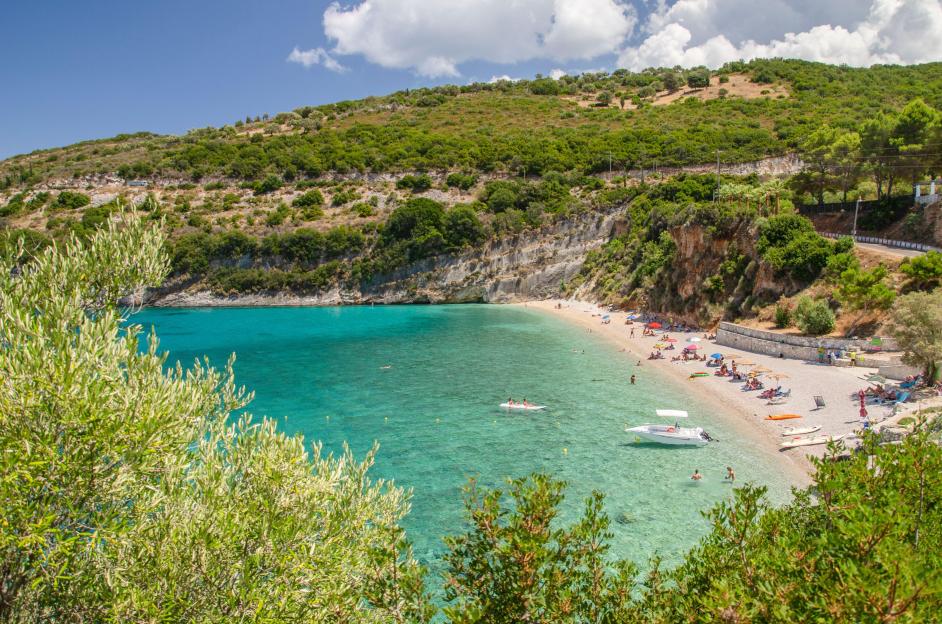 Scenic view on Makris Gialos sandy beach. It is situated on the north west coast of Zakynthos island, Greece.