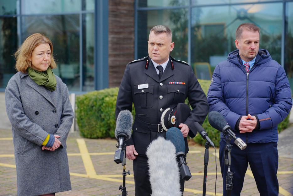 Councillor Chloe Turner, Deputy Chief Fire Officer Nathaniel Hooton, and Detective Superintendent Ian Fletcher at a press conference.