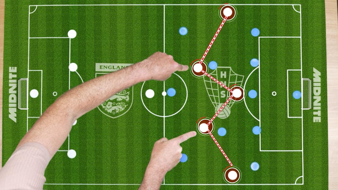 Illustration of a soccer field with two hands pointing at player positions and lines indicating play strategy.