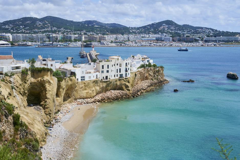 Landscape of Ibiza town and the sea in the Balearic Islands, Spain.