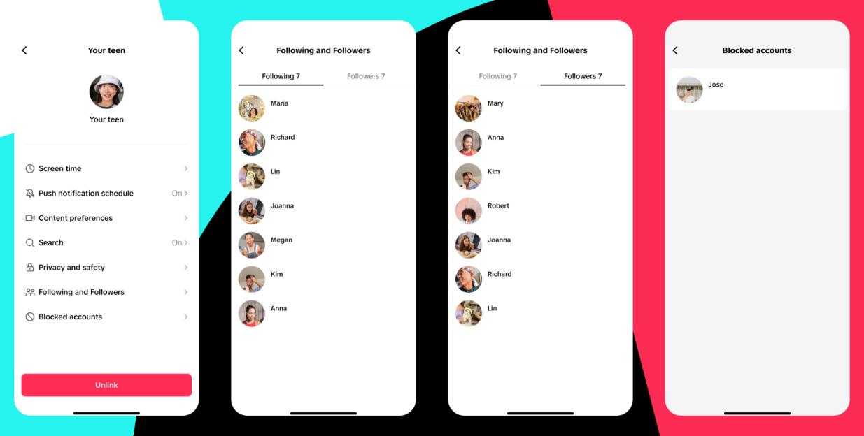 Screenshots of a TikTok parent account showing "Your teen" profile and options for "Following and Followers" and "Blocked accounts".