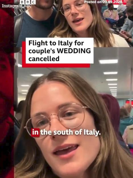 BBC star Charlotte Simpson and her fiancé in an airport, with text announcing their wedding flight to Italy was cancelled.