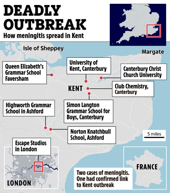 Illustration of a map showing how meningitis spread in Kent.