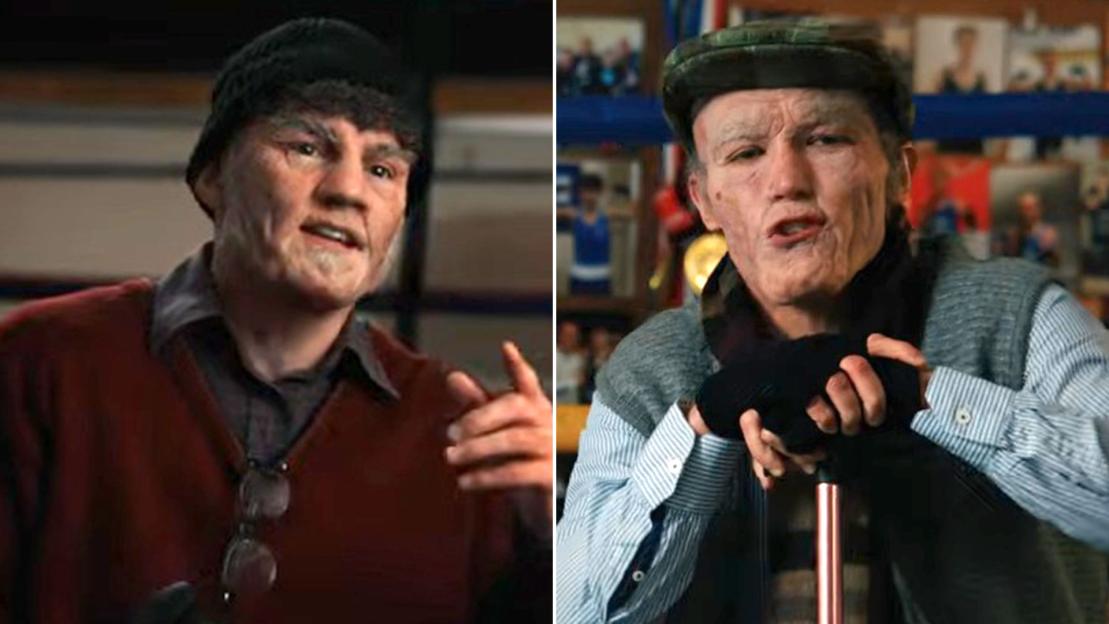 Collage of British boxers Leigh Wood and Josh Warrington in old-age makeup and prosthetics.